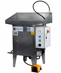 Front-view DG8 Stainless steel sink style parts washer with a foot pedal regulated hand-held flow-through cleaning brush