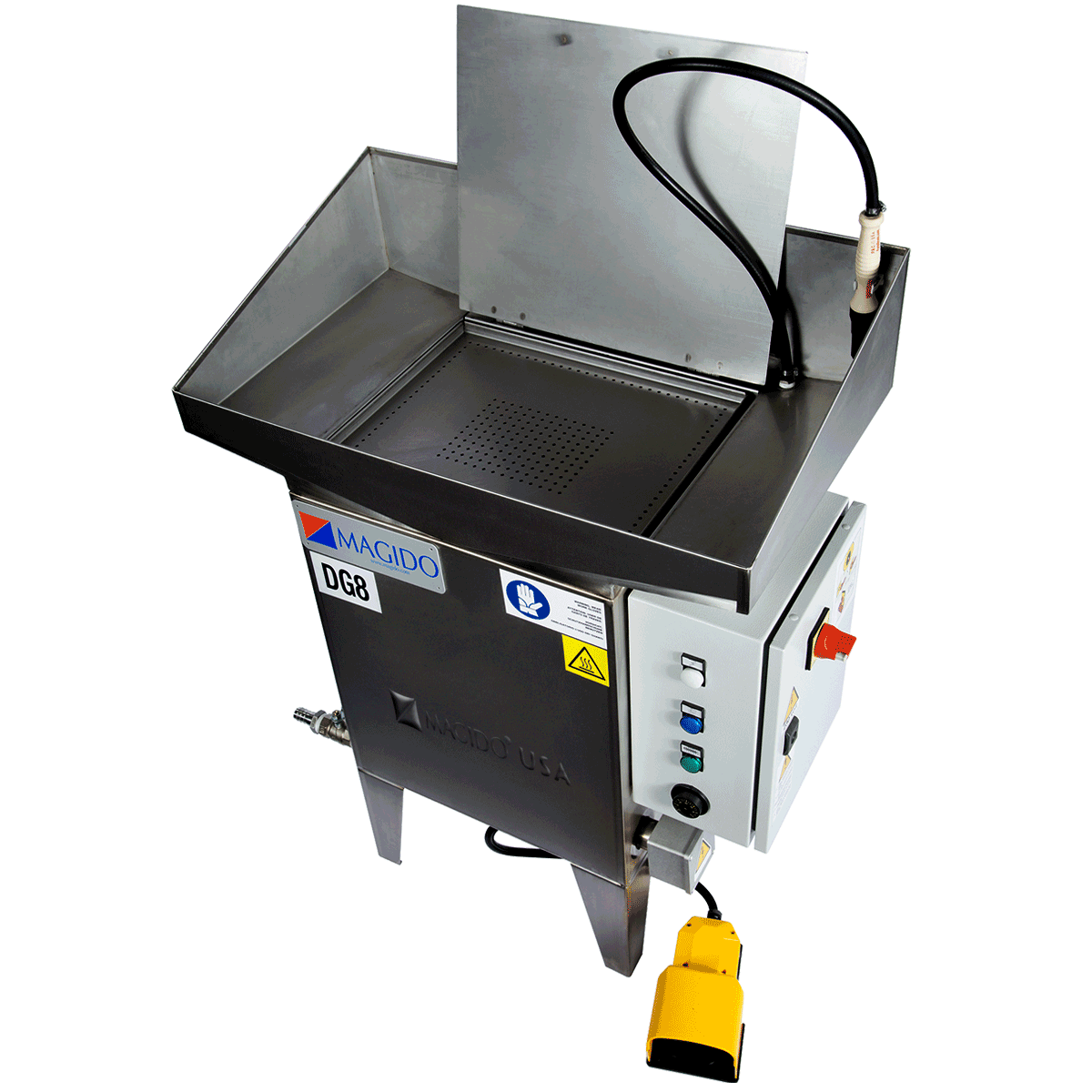 Top view DG8 Stainless steel sink style parts washer with a foot pedal regulated hand-held flow-through cleaning brush