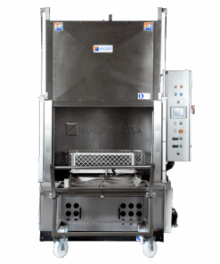 front view of the X52/2 series L-162 front load parts washer with view of parts basket and roll away loading cart