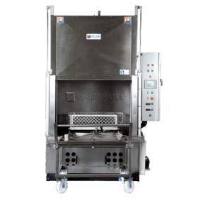 front view of the X52/2 series L-162 front load parts washer with view of parts basket and roll away loading cart