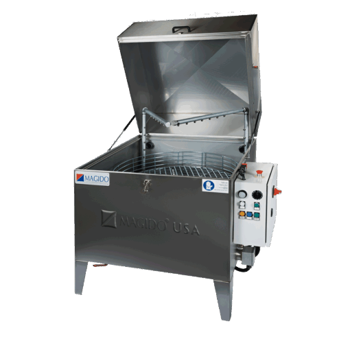 Eco Series L902FP top load parts washer with rotating turntable basket and dual spray bars.