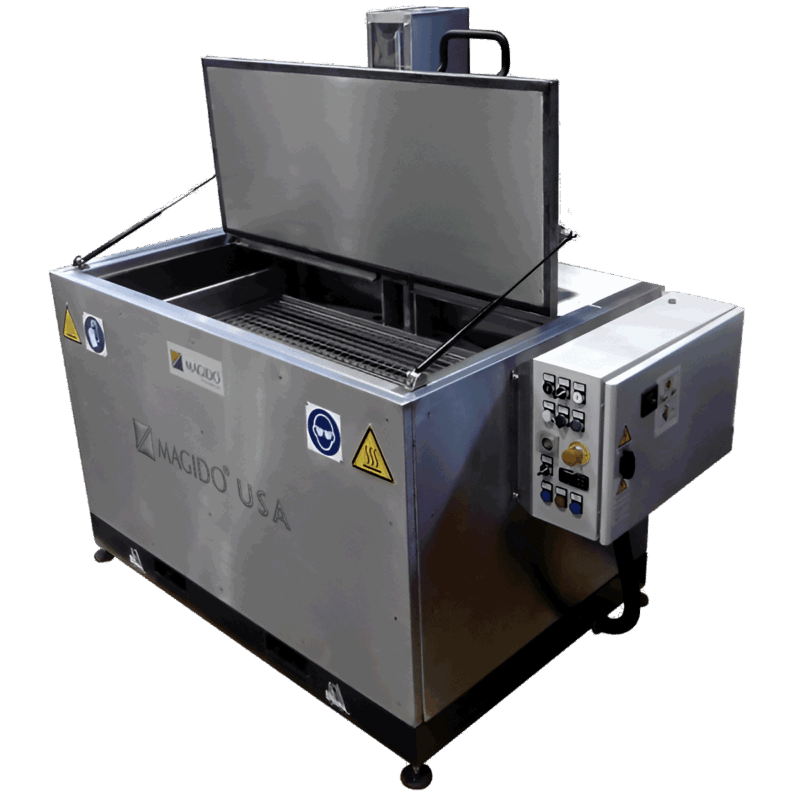 corner view with lid open A1100 Agita Series top loading immersion wash tank