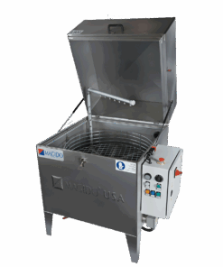 Eco Series L800FP top load parts washer with rotating turntable basket and a single spray bar.