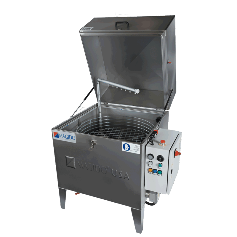 Eco Series L800FP top load parts washer with rotating turntable basket and a single spray bar.