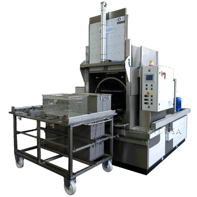corner view front open Platinum series P1200 rotary immersion parts washer with wash cage resting out front on loading table.